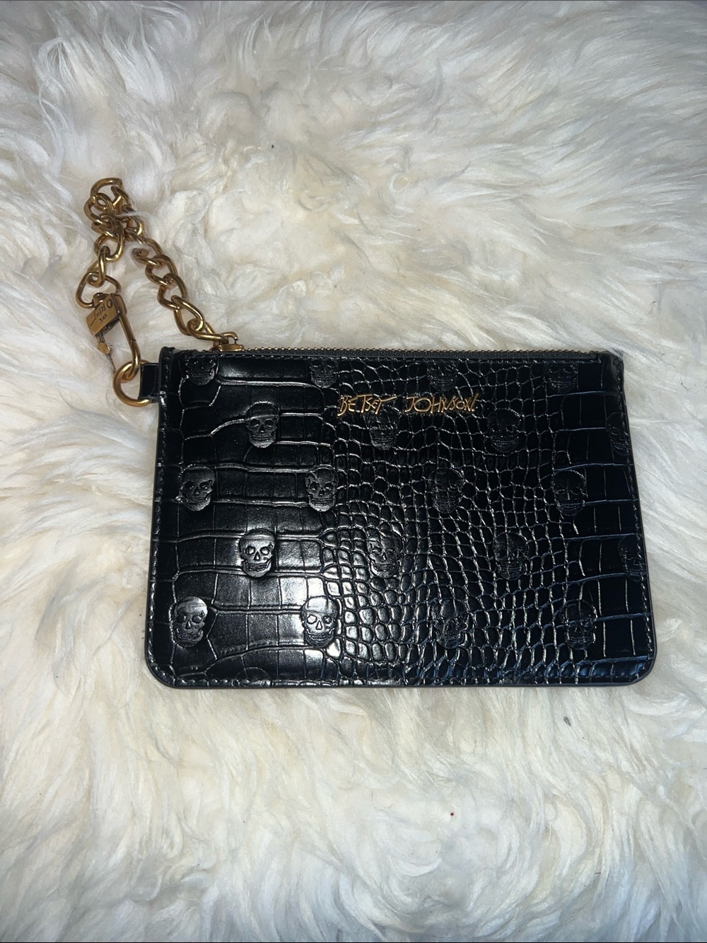 Betsey Johnson Black Croc-Embossed Skull Wristlet with Gold Chain